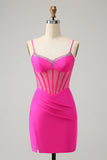 Unico Sparkly Beaded corsetto stretto corto fucsia Abito Da Cocktail con fessura