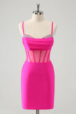 Glitter fucsia Spaghetti Straps stretto corsetto Abito Da Laurea con perline