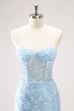 Blu Spaghetti Straps Corsetto Applique Tight Abito Da Cocktail con paillettes