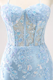 Blu Spaghetti Straps Corsetto Applique Tight Abito Da Cocktail con paillettes