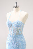 Blu Spaghetti Straps Corsetto Applique Tight Abito Da Cocktail con paillettes