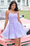 Carino Glitter Lilla Una Linea Paillettes Corto Lace Up Back Abito Da Cocktail con Appliques