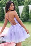 Carino Glitter Lilla Una Linea Paillettes Corto Lace Up Back Abito Da Cocktail con Appliques