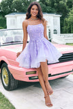 Carino Glitter Lilla Una Linea Paillettes Corto Lace Up Back Abito Da Cocktail con Appliques