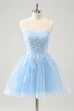 Carino Glitter Lilla Una Linea Paillettes Corto Lace Up Back Abito Da Cocktail con Appliques