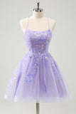 Carino Glitter Lilla Una Linea Paillettes Corto Lace Up Back Abito Da Cocktail con Appliques
