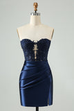 Sparkly Royal Blue Aderente senza spalline Hollow Out Abito Da Laurea con pizzo