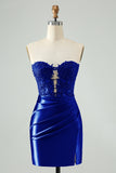 Sparkly Royal Blue Aderente senza spalline Hollow Out Abito Da Laurea con pizzo