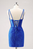 Royal Blue Bodycon V-Neck Abito Da Cocktail corto con lacci sul retro