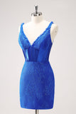 Royal Blue Bodycon V-Neck Abito Da Cocktail corto con lacci sul retro