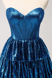 Peacock Blue A Line corsetto senza spalline Tiered corto volant abito da cocktail