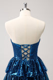 Peacock Blue A Line corsetto senza spalline Tiered corto volant abito da cocktail