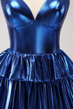 Inchiostro Blu Spaghetti Straps A Line Tiered Abito corto da cocktail