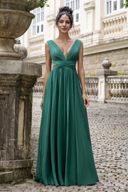 Verde scuro A Line Scollo a V Chiffon abito lungo da damigella d'onore con pizzo sulla schiena