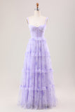 Lavanda A Line Corsetto Spaghetti Straps Floreale Tiered Abito da Festa di Nozze