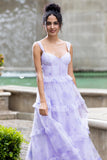 Lavanda A Line Corsetto Spaghetti Straps Floreale Tiered Abito da Festa di Nozze