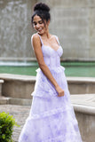 Lavanda A Line Corsetto Spaghetti Straps Floreale Tiered Abito da Festa di Nozze