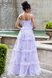 Lavanda A Line Corsetto Spaghetti Straps Floreale Tiered Abito da Festa di Nozze