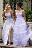 Lavanda A Line Corsetto Spaghetti Straps Floreale Tiered Abito da Festa di Nozze