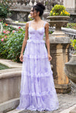 Lavanda A Line Corsetto Spaghetti Straps Floreale Tiered Abito da Festa di Nozze