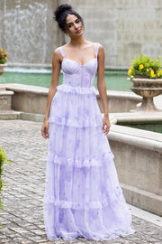 Lavanda A Line Corsetto Spaghetti Straps Floreale Tiered Abito da Festa di Nozze