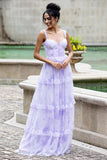 Lavanda A Line Corsetto Spaghetti Straps Floreale Tiered Abito da Festa di Nozze