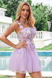 Elegante viola una linea Halter fiori tulle abito corto da cocktail con lacci sul retro