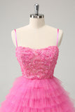 Glitter Rosa A Line Spaghetti Straps Tiered Flowers Tulle Carino Abito Da Laurea