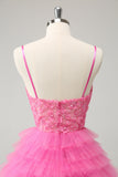 Glitter Rosa A Line Spaghetti Straps Tiered Flowers Tulle Carino Abito Da Laurea