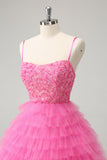 Glitter Rosa A Line Spaghetti Straps Tiered Flowers Tulle Carino Abito Da Laurea