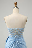 Sparkly Blue Aderente Sweetheart Corsetto Abito Da Laurea con perline