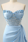 Sparkly Blue Aderente Sweetheart Corsetto Abito Da Laurea con perline