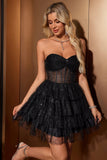 Scintillante carino una linea nera Sweetheart Tiered Corsetto Abito Da Laurea