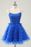 Elegante blu A Line Spaghetti Straps Tulle Abito Da Cocktail con volant