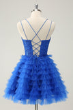 Elegante blu A Line Spaghetti Straps Tulle Abito Da Cocktail con volant