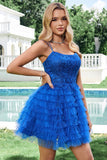 Elegante blu A Line Spaghetti Straps Tulle Abito Da Cocktail con volant