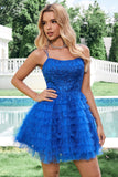 Elegante blu A Line Spaghetti Straps Tulle Abito Da Cocktail con volant