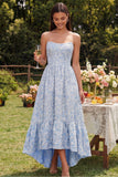 Abito floreale blu A-Line senza spalline alto basso