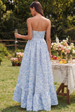 Abito floreale blu A-Line senza spalline alto basso