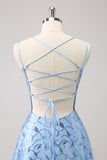 Scintillante blu Spaghetti Straps paillettes Lace Up Back Abito da damigella d'onore con fessura