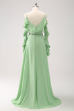 Verde chiaro spalla fredda A-Line Chiffon abito da damigella d'onore lungo con volant