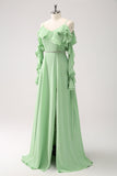 Verde chiaro spalla fredda A-Line Chiffon abito da damigella d'onore lungo con volant