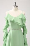 Verde chiaro spalla fredda A-Line Chiffon abito da damigella d'onore lungo con volant