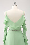 Verde chiaro spalla fredda A-Line Chiffon abito da damigella d'onore lungo con volant