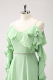 Verde chiaro spalla fredda A-Line Chiffon abito da damigella d'onore lungo con volant
