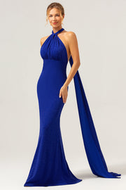 Glitter Blue Mermaid Halter Backless Abito da damigella d'onore lungo