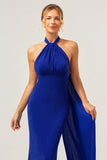 Glitter Blue Mermaid Halter Backless Abito da damigella d'onore lungo