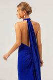 Glitter Blue Mermaid Halter Backless Abito da damigella d'onore lungo