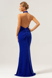 Glitter Blue Mermaid Halter Backless Abito da damigella d'onore lungo