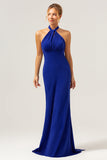 Glitter Blue Mermaid Halter Backless Abito da damigella d'onore lungo